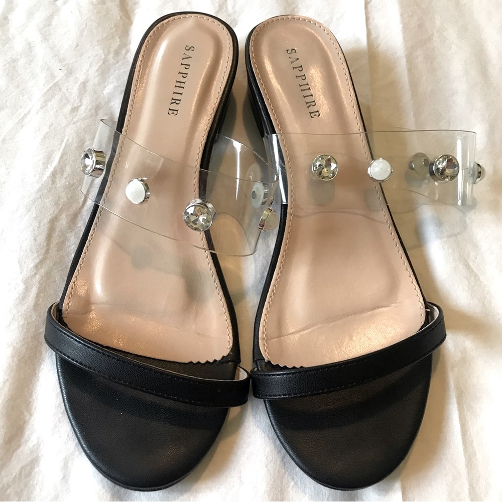 Sapphire 2 Strap Sandles Black/Clear Straps Pearl & Crystal Accents Size 39